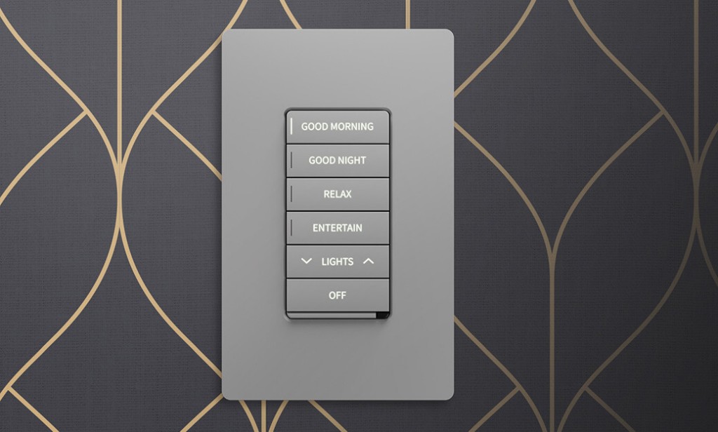 Cameo keypad en acabado gris sobre fondo decorativo