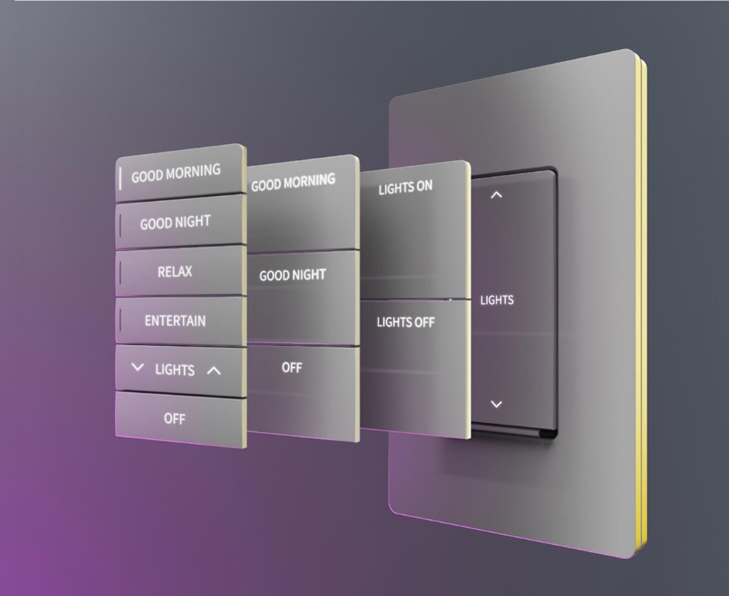 Cameo Keypad modular: placa en metal cepillado con vistas exploded de distintas configuraciones de teclas y acento luminoso.