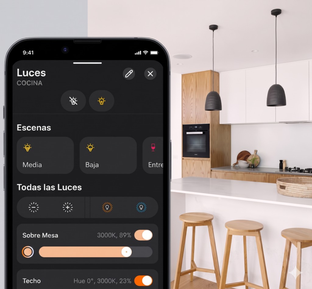 App Crestron Home Luces sobre cocina moderna