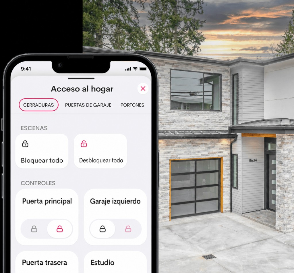 App Crestron Home Acceso al hogar: cerraduras, garajes y controles sobre foto de fachada residencial