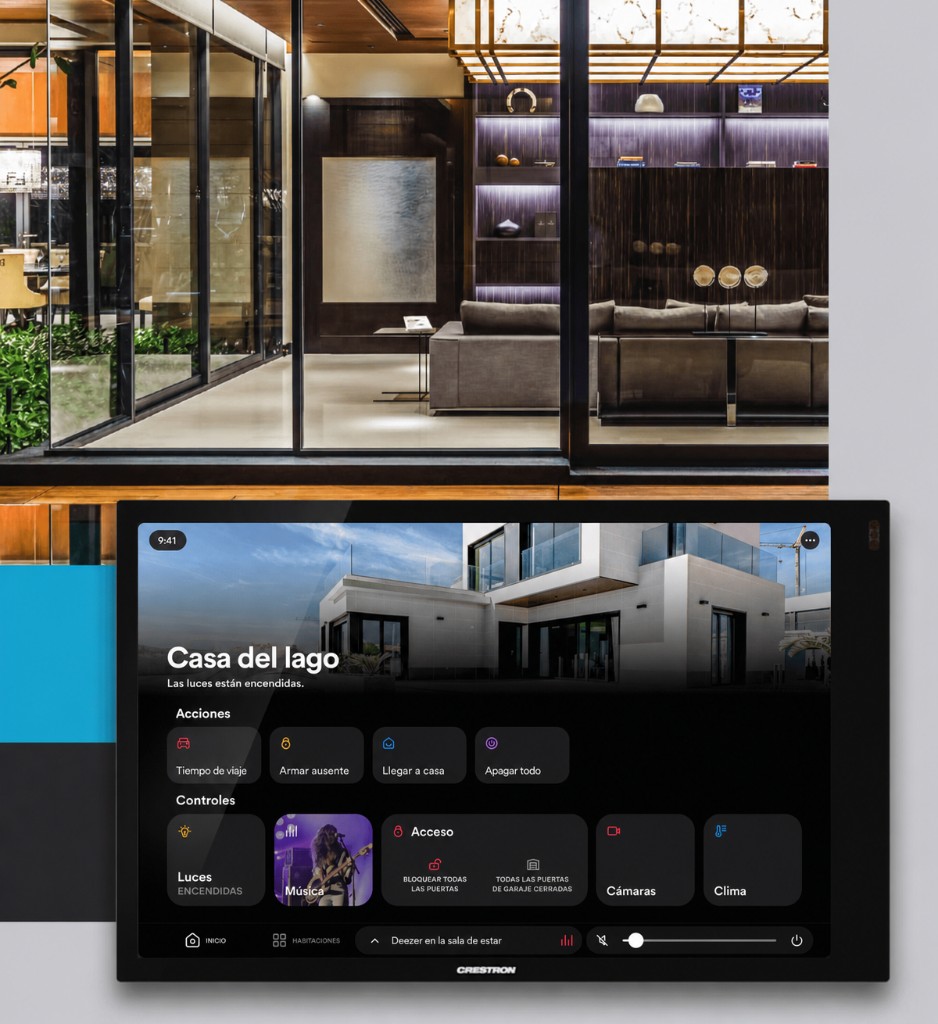 Panel Crestron Home con música multiroom y zonas de audio interior y exterior
